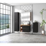 Zobacz jak prezentuje się szafka lustrzana z meblami w ciemnej wersji kolorystycznej