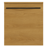 Mała wisząca szafka do łazienki z czarnym uchwytem.