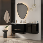 Łazienka w stylu glamour z czarnymi meblami.