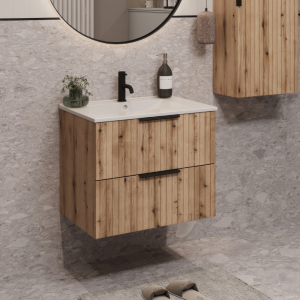 Szafka łazienkowa z umywalką TIBU 60 cm dąb evoke ryflowana 2 szuflady