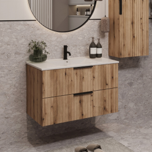 Szafka łazienkowa z umywalką TIBU 80 cm dąb evoke ryflowana 2 szuflady