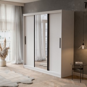 Szafa przesuwna z lustrem i szufladami VELLO 200 cm biała + czarny uchwyt oświetlenie LED