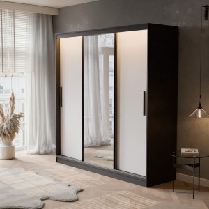 Szafa przesuwna z lustrem i szufladami VELLO 200 cm czarny/biały 