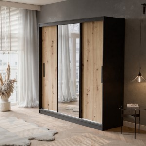 Szafa przesuwna z lustrem i szufladami VELLO 200 cm czarny/dąb artisan 