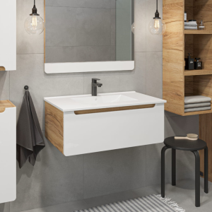 LUPO szafka wisząca podumywalkowa z szufladą 60 cm biały połysk / dąb craft złoty