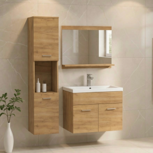 Zestaw mebli do łazienki z umywalką i lustrem PURO dąb craft złoty 
