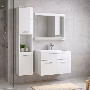 Zestaw mebli do łazienki z umywalką i lustrem PURO biały połysk