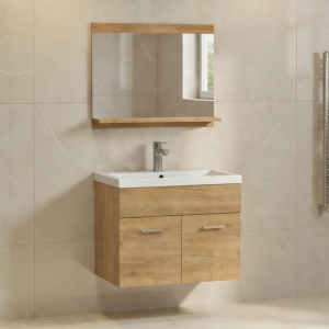 Zestaw mebli do łazienki 60 cm z lustrem i umywalką dąb craft złoty PURO