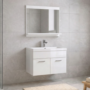 Zestaw mebli do łazienki 60 cm z lustrem i umuwalką biały połysk PURO