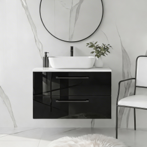 Szafka łazienkowa z umywalką i blatem ONE 80 cm czarny połysk