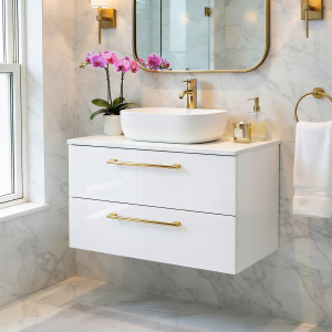 Szafka łazienkowa z blatem ONE 80 cm biały połysk + złoty uchwyt