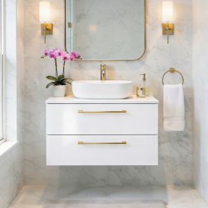 Szafka łazienkowa z blatem i umywalką ONE 60 cm biały połysk + złoty uchwyt