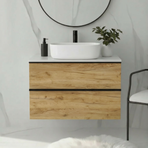 Szafka łazienkowa z połyskującym blatem i umywalką ONE 60 cm dąb craft złoty 2 szuflady 