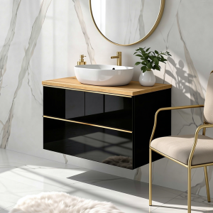 Szafka łazienkowa z umywalką ONE 80 cm czarny połysk + artisan 2 szuflady