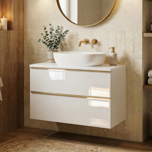 Szafka łazienkowa z blatem i umywalką nablatową ONE 80 cm biały połysk