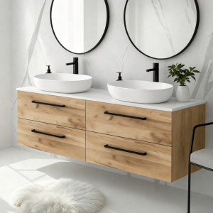 Szafka łazienkowa z dwiema umywalkami nablatowymi ONE 120 cm dąb craft złoty 4 szuflady