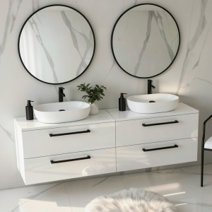 Szafka łazienkowa z dwiema umywalkami i blatem ONE 120 cm biały połysk