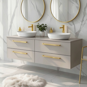 Szafka łazienkowa z blatem i dwiema umywalkami nablatowymi ONE 120 cm kaszmir 4 szuflady