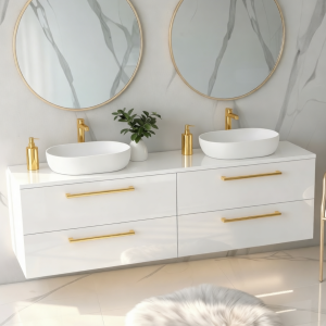 Szafka łazienkowa z dwiema umywalkami wisząca ONE 120 cm biały połysk ze złotym uchwytem