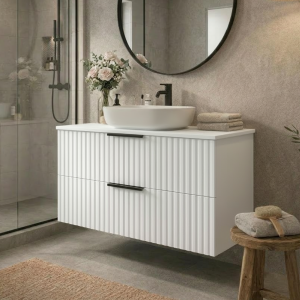 Ryflowana szafka łazienkowa z umywalką nablatową TIBU 60 cm biały mat