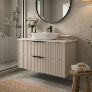 Ryflowana szafka łazienkowa z umywalką nablatową TIBU 60 cm kaszmir