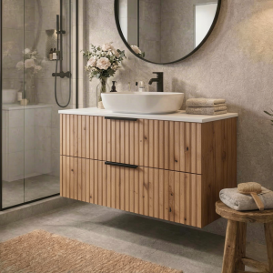 Ryflowana szafka łazienkowa z umywalką TIBU 80 cm Dąb Evoke