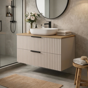 Ryflowana szafka łazienkowa z umywalką nablatową TIBU 60 cm kaszmir dąb artisan