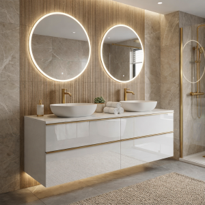 Szafka łazienkowa ONE 120 cm z blatem i umywalkami biały połysk