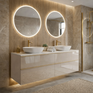 Szafka łazienkowa ONE 120 cm z blatem i umywalkami kaszmir połysk 