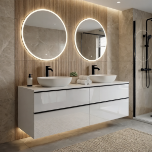 Szafka łazienkowa ONE 120 cm z blatem i umywalkami nablatowymi biały połysk 