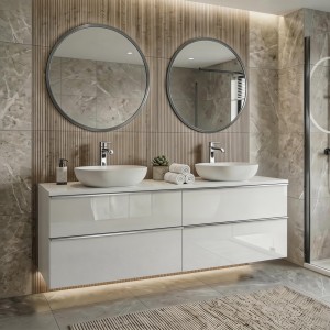 Szafka łazienkowa ONE 120 cm z blatem i umywalkami nablatowymi biały połysk