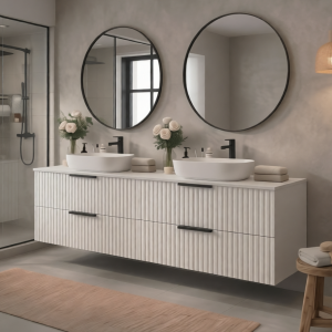 Ryflowana szafka łazienkowa z umywalką nablatową TIBU 120 cm biały mat