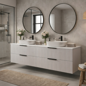 Ryflowana szafka łazienkowa z umywalką nablatową TIBU 120 cm kaszmir