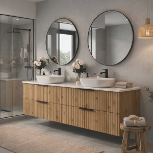 Ryflowana szafka łazienkowa z umywalką nablatową TIBU 120 cm dąb evoke