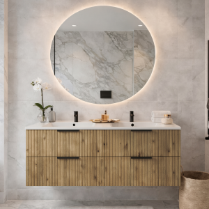 Ryflowana szafka łazienkowa z umywalką TIBU 120 cm dąb evoke