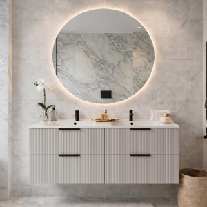 Ryflowana szafka łazienkowa z umywalką TIBU 120 cm kaszmir