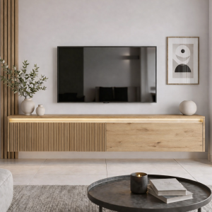 Szafka RTV LUMI IV ryflowana wisząca z oświetleniem LED Dąb artisan