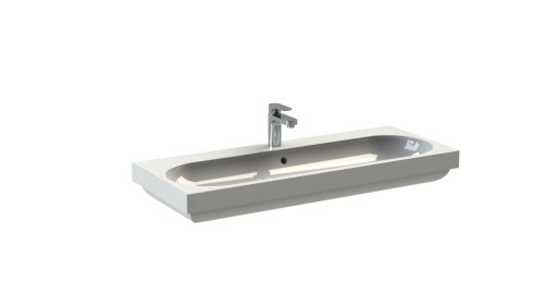 Szeroka umywalka z konglomeratu nakładana na szafkę łazienkową